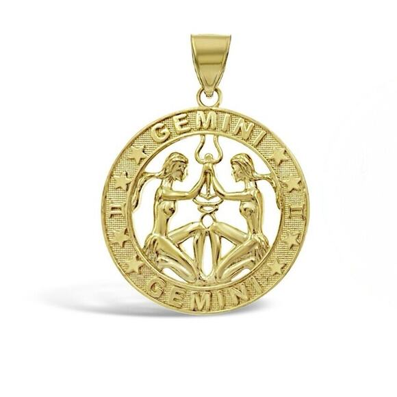 10k Yellow Gold Gemini Pendant Zodiac Star Sign Charm 1.1 inch - Picture 1 of 3